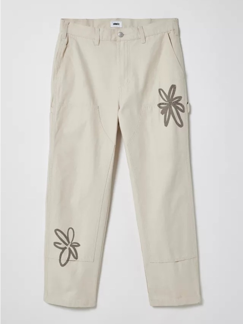 OBEY Big Timer Twill Printed Carpenter Pants Flower Floral Beige Cotton Size 30 - Picture 9 of 9